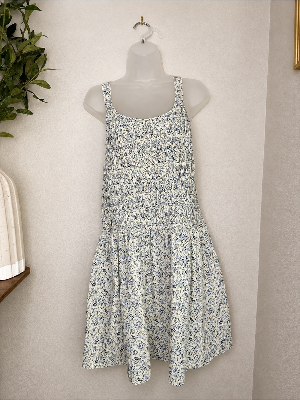 Free People Petunia Mini Dress XL Blue Floral Smocked Cross Back Cotton Boho